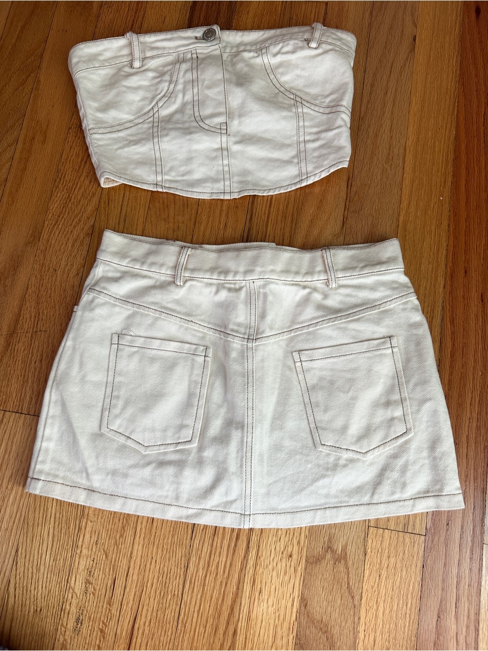 Peppermayo Off-White Denim Bandeau Top & Mini Skirt Matching Set US 2 AU 6 - Picture 4 of 8